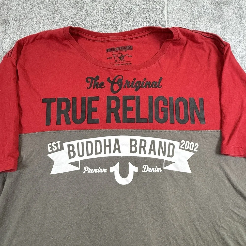True Religion XXL Colorblock T-Shirt Red Gray Black‎ Buddha Brand Graphic Y2K